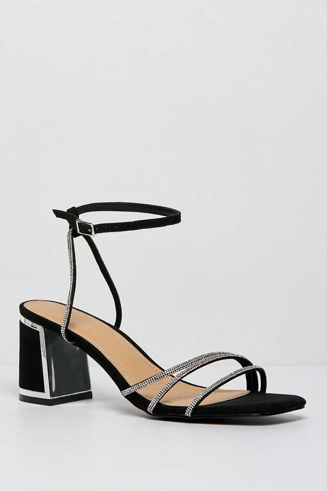 Alyanna Diamante Embellished Metallic Trim Block Heel Sandals in Black Suede - Image 4