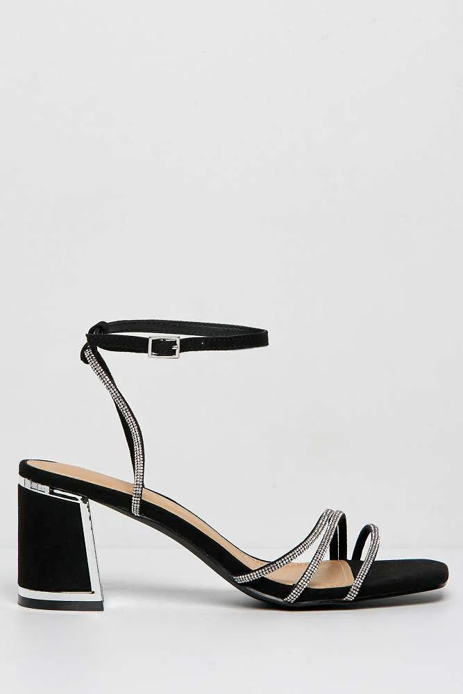 Alyanna Diamante Embellished Metallic Trim Block Heel Sandals in Black Suede - Image 5