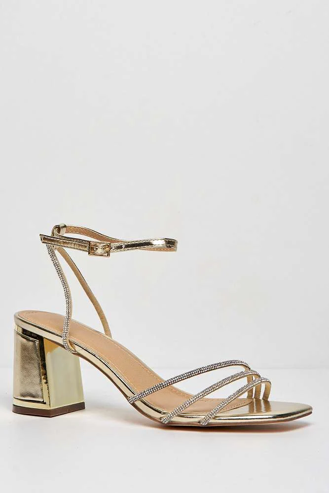 Alyanna Diamante Embellished Metallic Trim Block Heel Sandals in Gold - Image 4