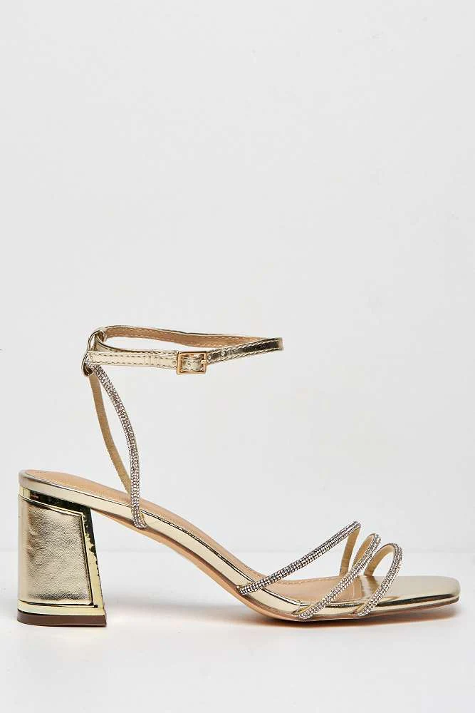 Alyanna Diamante Embellished Metallic Trim Block Heel Sandals in Gold - Image 5