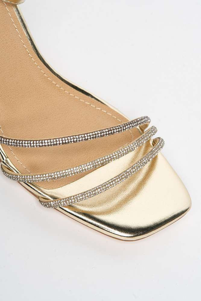 Alyanna Diamante Embellished Metallic Trim Block Heel Sandals in Gold - Image 6