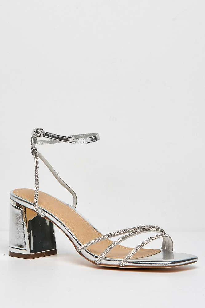 Alyanna Diamante Embellished Metallic Trim Block Heel Sandals in Silver - Image 4