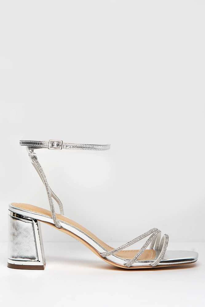 Alyanna Diamante Embellished Metallic Trim Block Heel Sandals in Silver - Image 5
