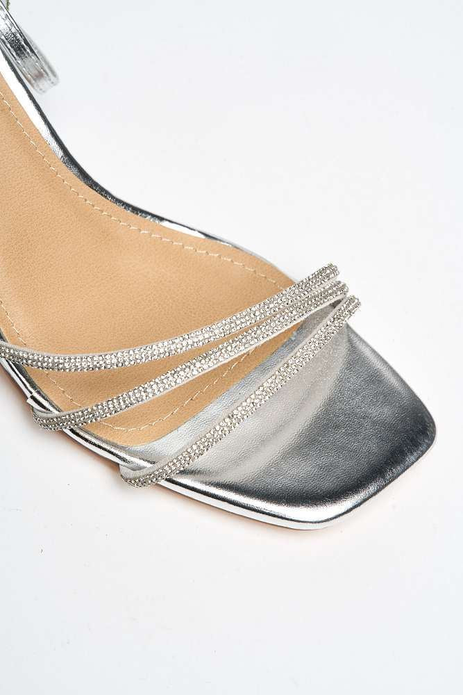 Alyanna Diamante Embellished Metallic Trim Block Heel Sandals in Silver - Image 6