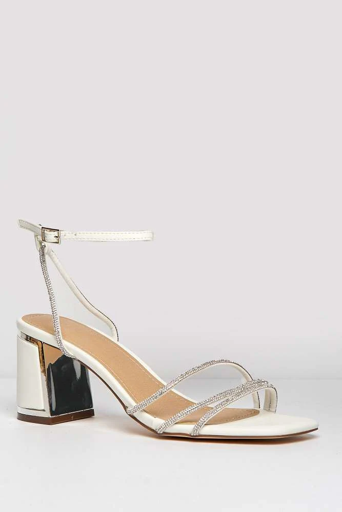 Alyanna Diamante Embellished Metallic Trim Block Heel Sandals in White Matt - Image 4