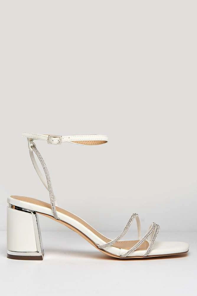 Alyanna Diamante Embellished Metallic Trim Block Heel Sandals in White Matt - Image 5