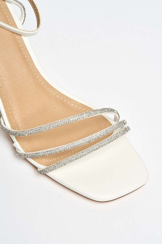 Alyanna Diamante Embellished Metallic Trim Block Heel Sandals in White Matt - Image 6