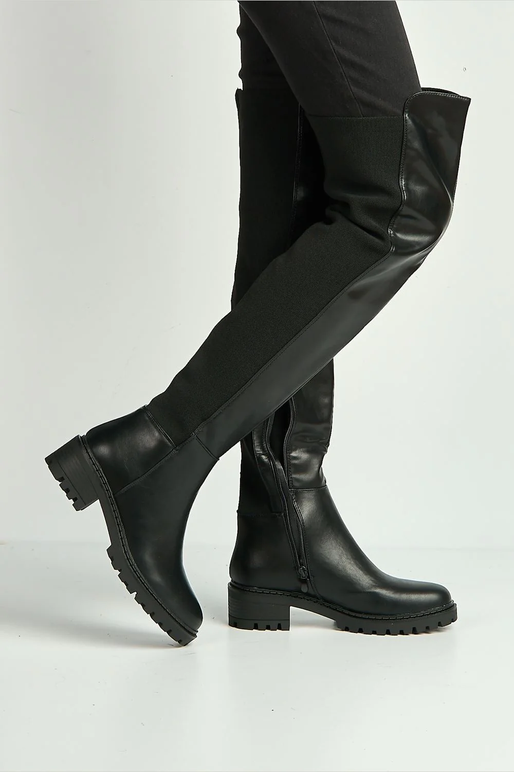 Ambrosia Over Knee Elastic Cleated Sole Boots in Black - Image 3