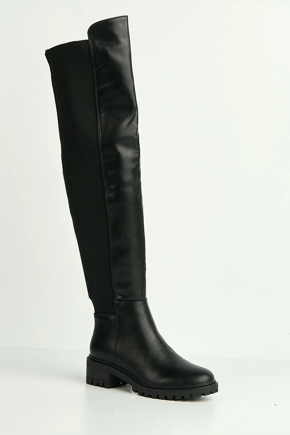 Ambrosia Over Knee Elastic Cleated Sole Boots in Black - Image 4