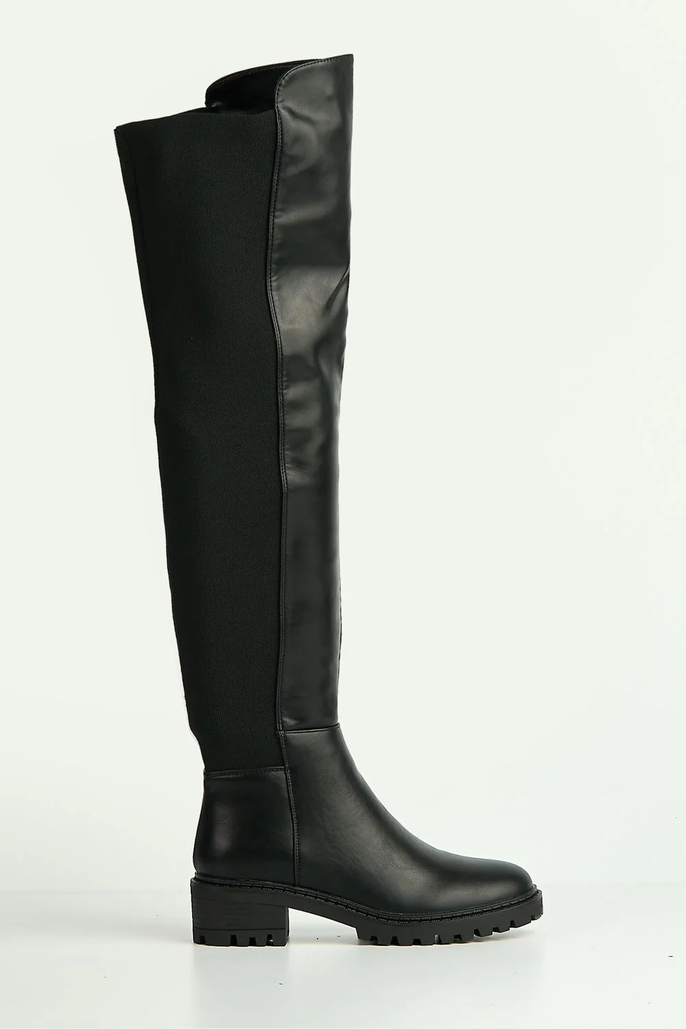 Ambrosia Over Knee Elastic Cleated Sole Boots in Black - Image 5
