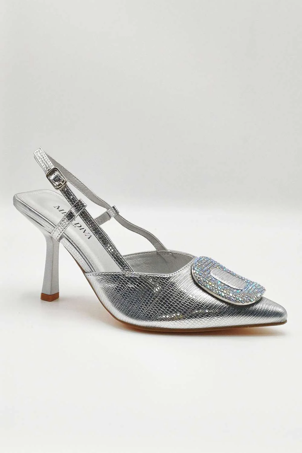 Amia Diamante Brooch Detail Slingback Court Heel in Silver - Image 2