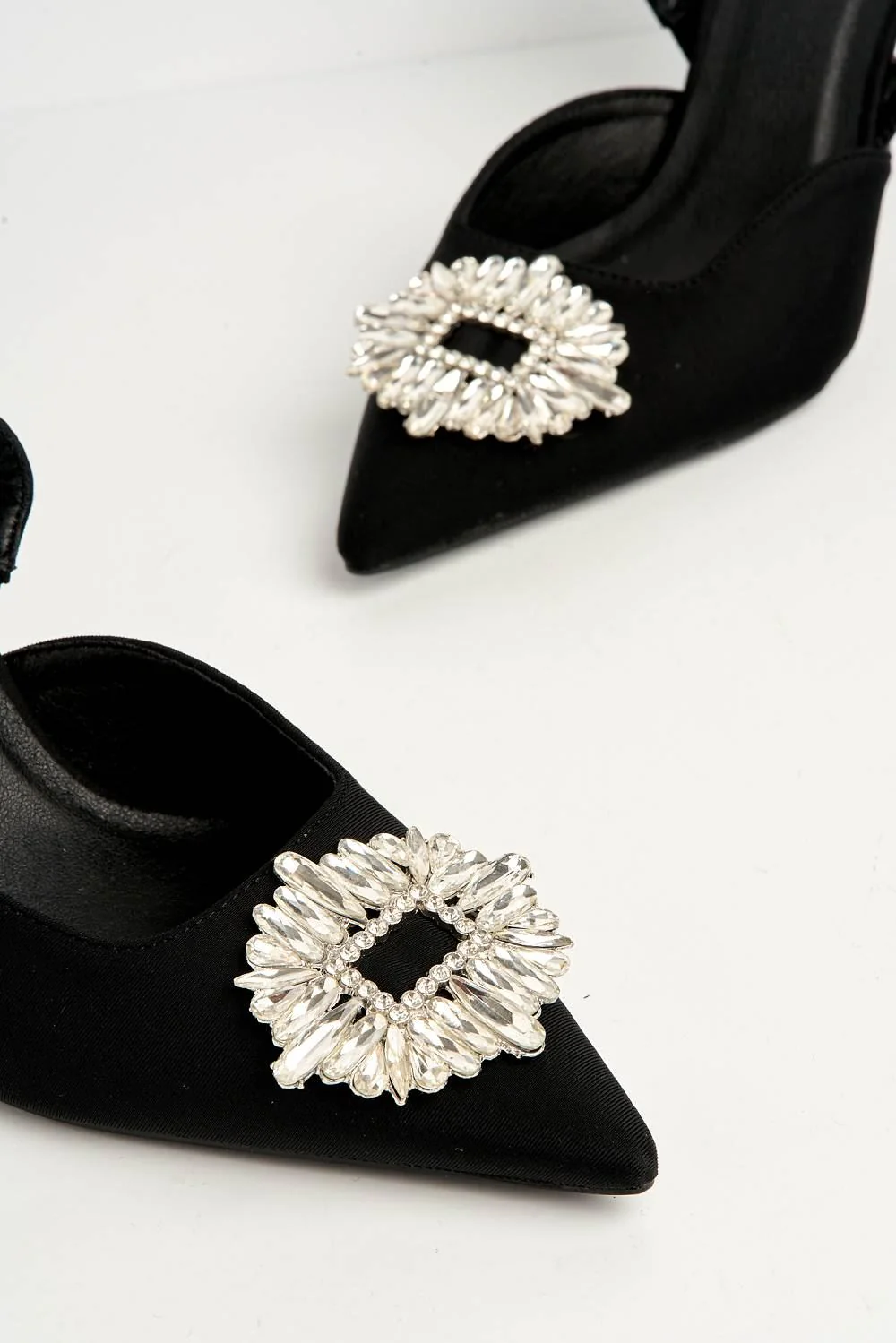 Amira Diamante Brooch Sling Back Court Shoes in Black Satin - Image 5
