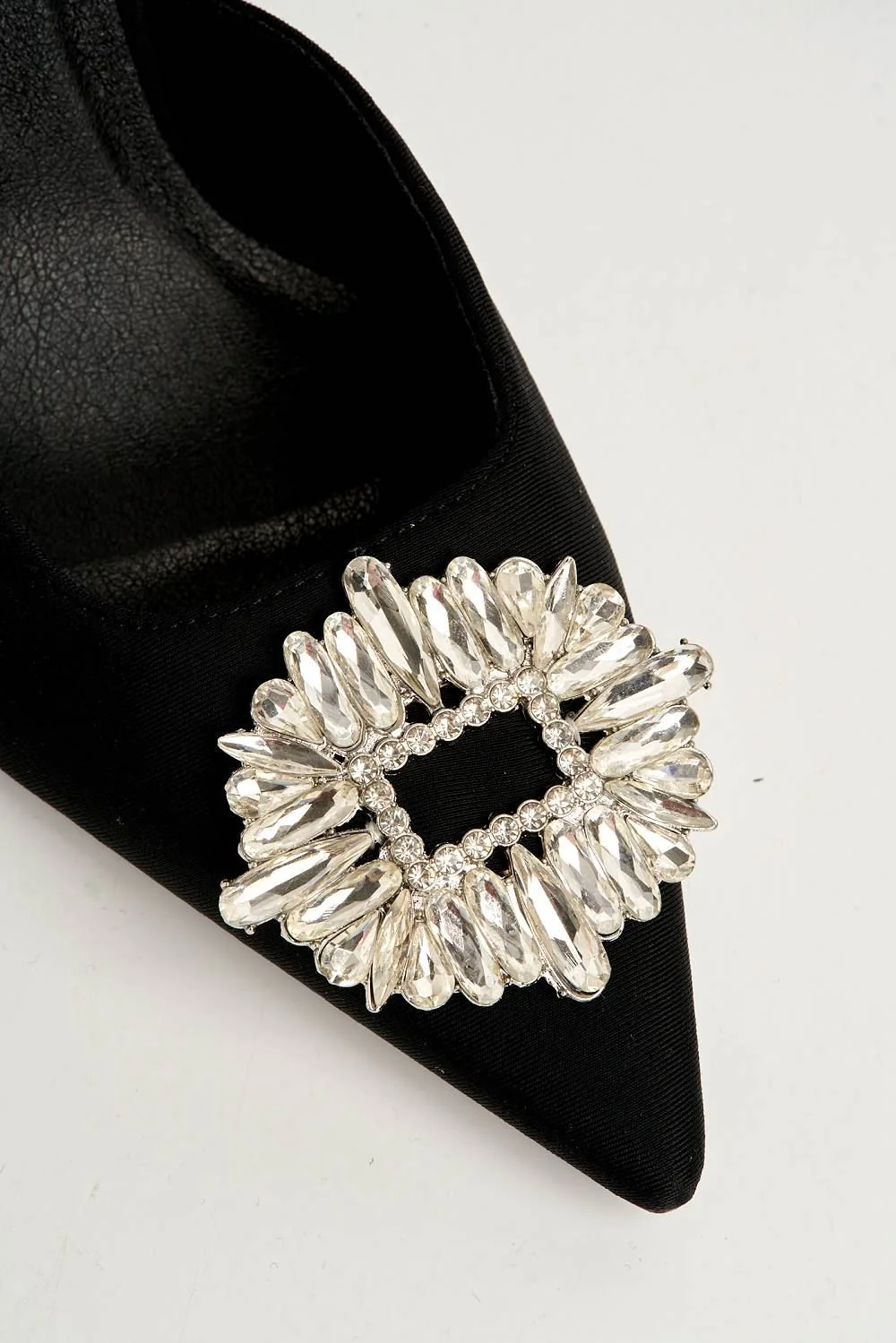 Amira Diamante Brooch Sling Back Court Shoes in Black Satin - Image 6