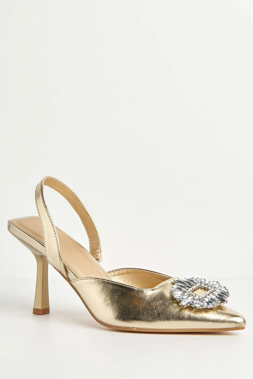 Amira Diamante Brooch Sling Back Court Shoes in Gold - Image 4