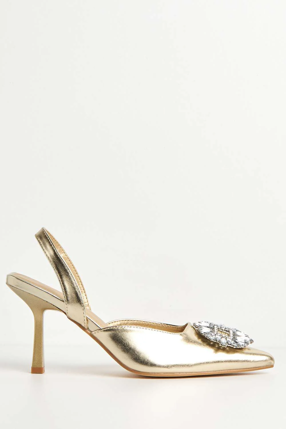 Amira Diamante Brooch Sling Back Court Shoes in Gold - Image 5