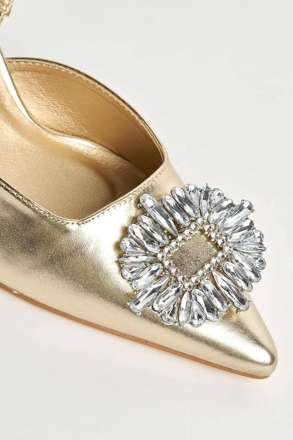Amira Diamante Brooch Sling Back Court Shoes in Gold - Image 6
