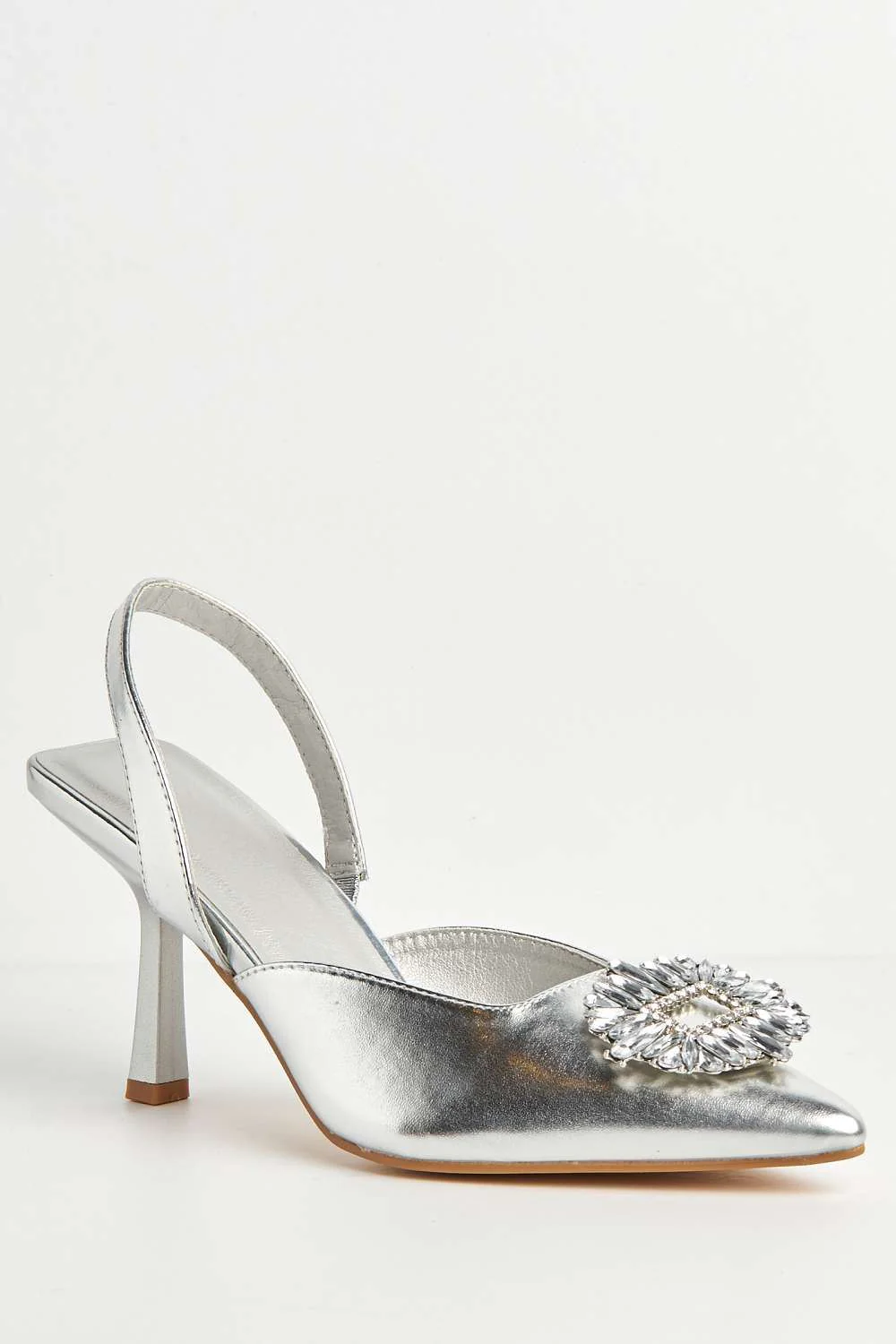 Amira Diamante Brooch Sling Back Court Shoes in Silver - Image 4