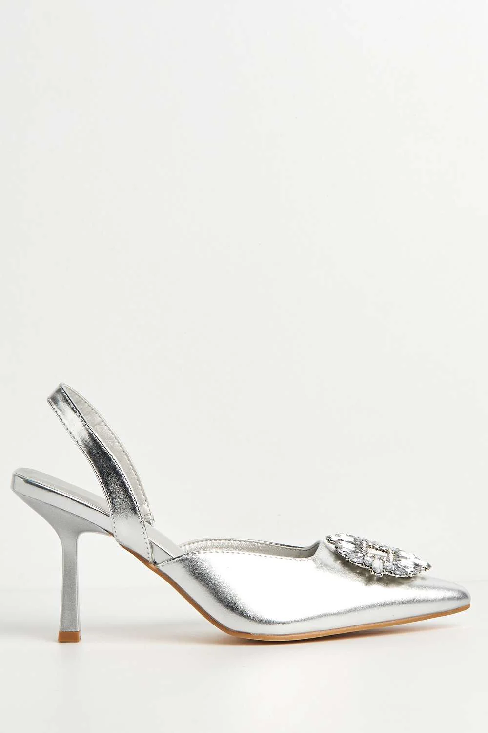 Amira Diamante Brooch Sling Back Court Shoes in Silver - Image 5