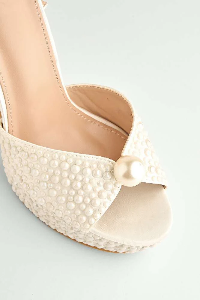 Amora Pearl Embellished Block Heel Anklestrap Sandals in White - Image 5