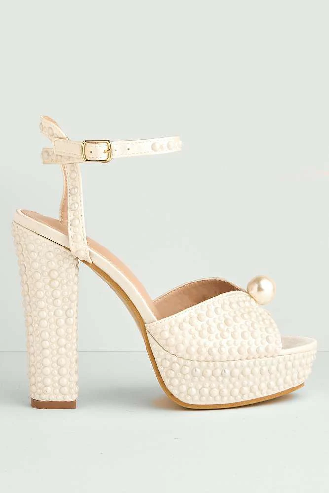 Amora Pearl Embellished Block Heel Anklestrap Sandals in White - Image 6