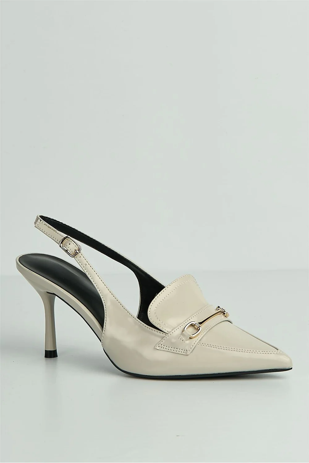 Anastasia Horsebit Detail Pointed Toe Anklestrap Court Shoes in Stone - Image 4