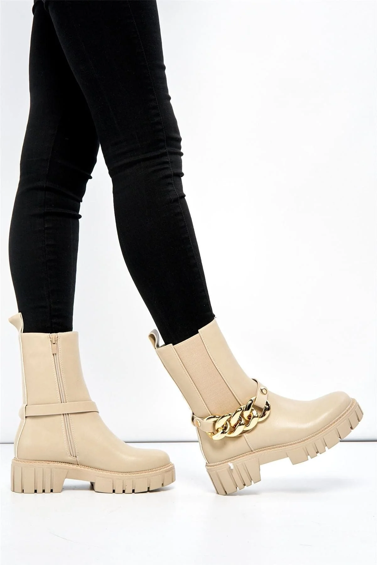 Annee Chain Detail Chunky Ankle Boots in Beige - Image 3