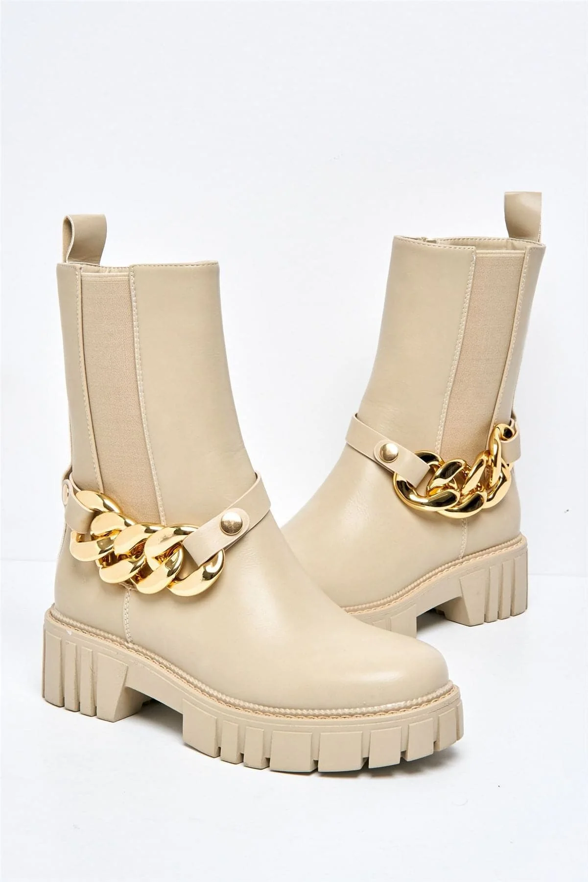 Annee Chain Detail Chunky Ankle Boots in Beige - Image 4