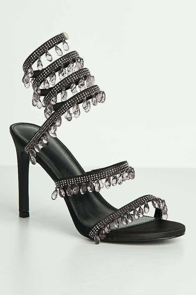 Annette Diamante & Crystal Droplets Embellished Heeled Sandals in Black - Image 4