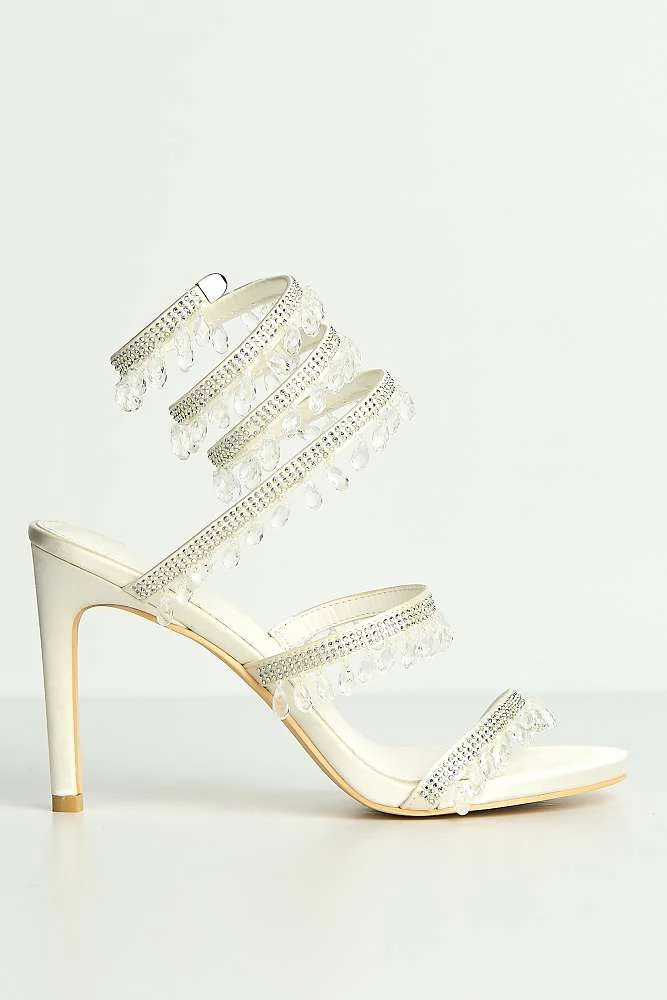 Annette Diamante & Crystal Droplets Embellished Heeled Sandals in White - Image 6