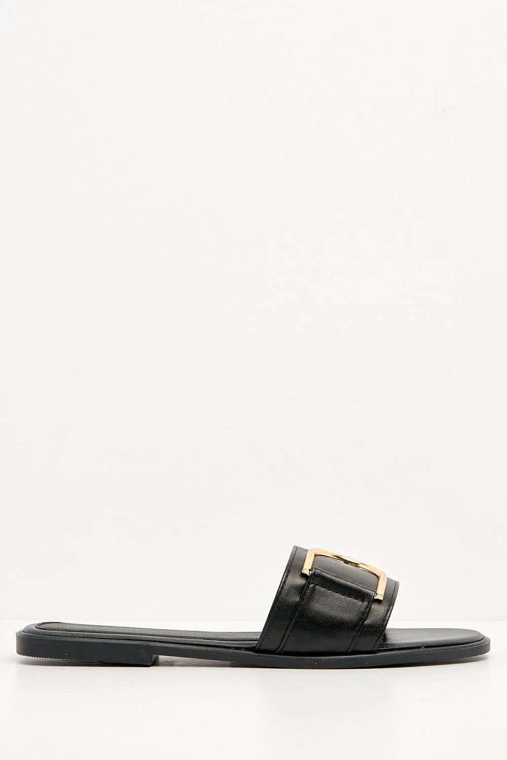 Arabella Gold Finish D Link Open Toe Sliders in Black - Image 4