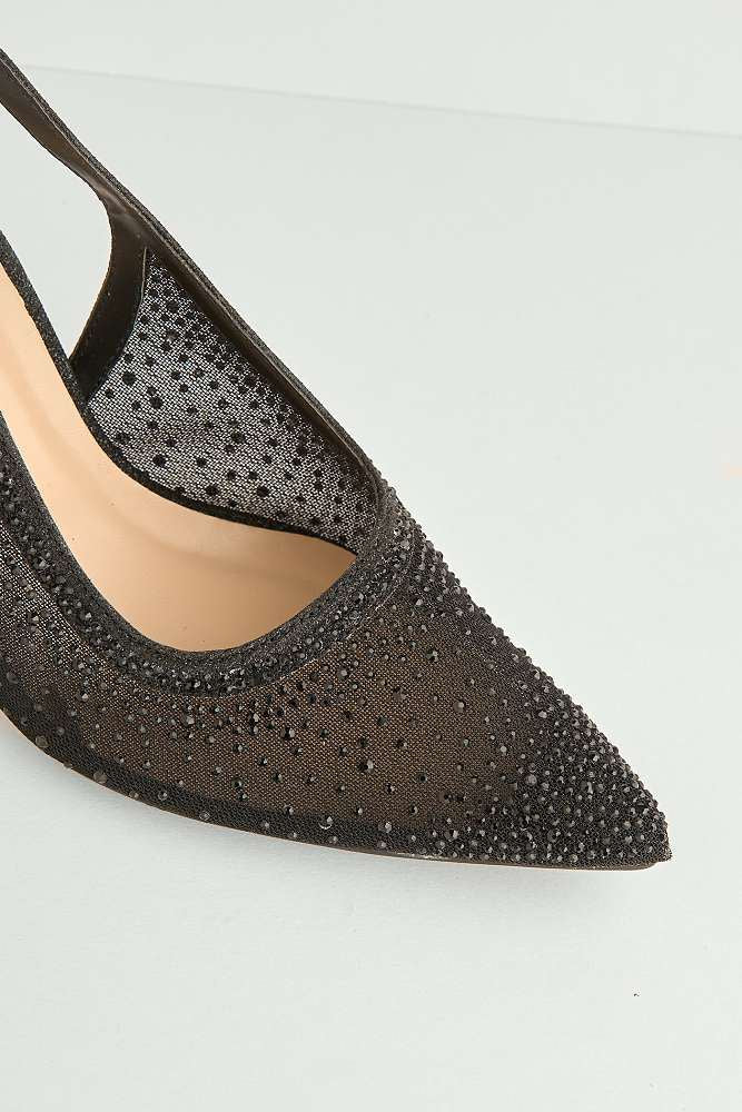 Aramina Gemstone Embellished Mesh Slingback Court Shoes in Black - Image 5