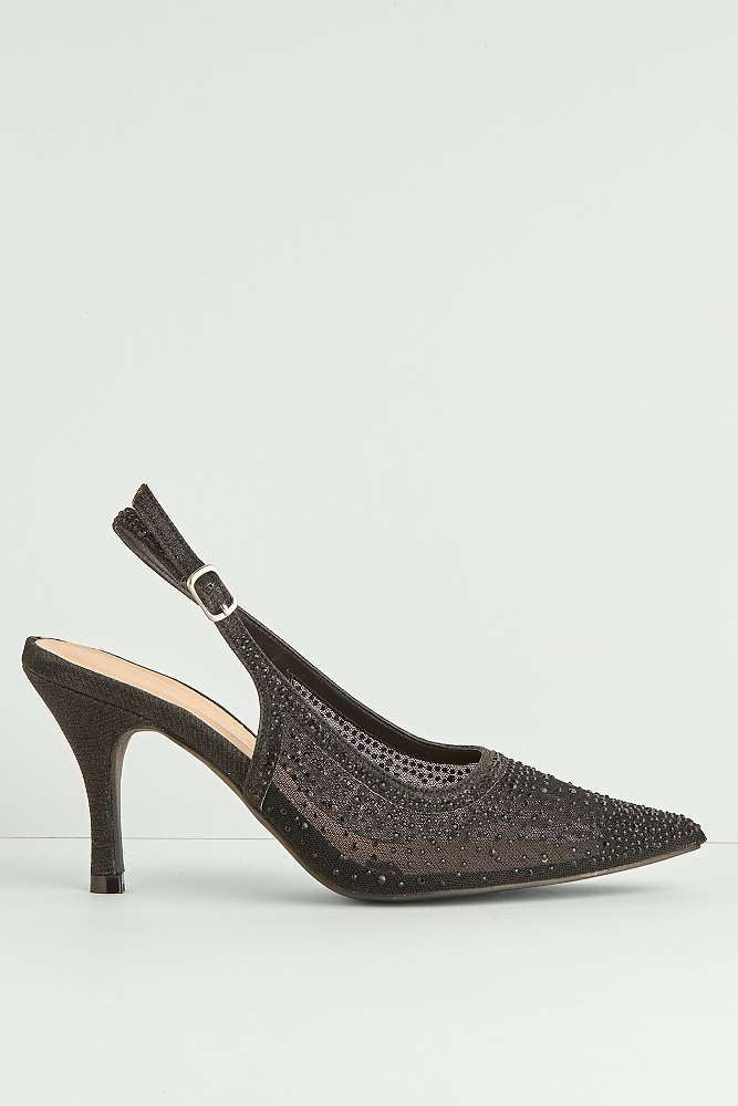 Aramina Gemstone Embellished Mesh Slingback Court Shoes in Black - Image 6