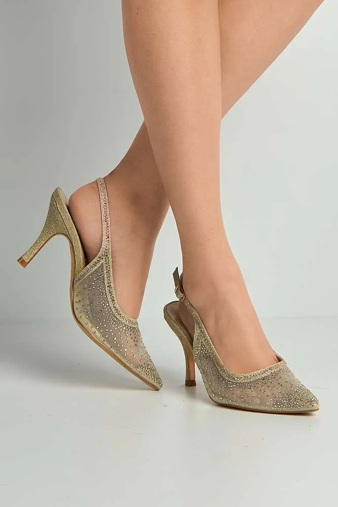 Aramina Gemstone Embellished Mesh Slingback Court Shoes in Gold