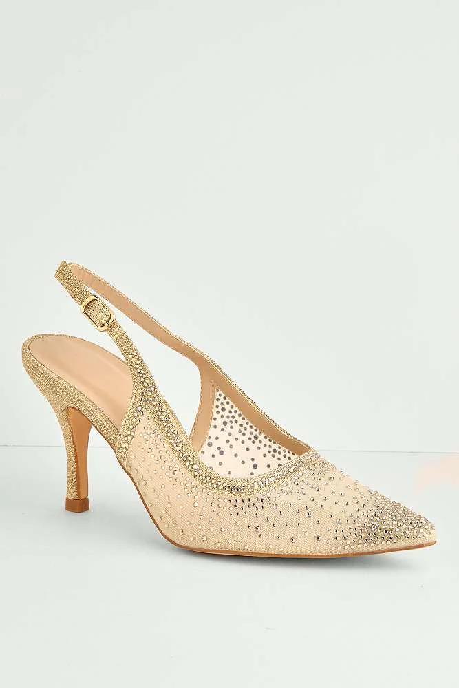 Aramina Gemstone Embellished Mesh Slingback Court Shoes in Gold - Image 4
