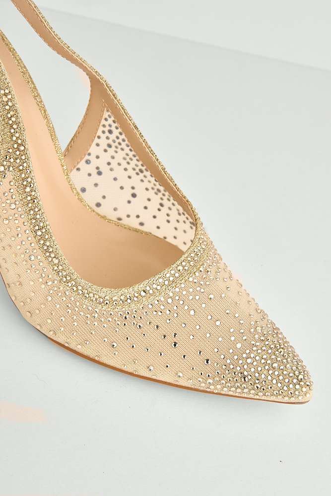 Aramina Gemstone Embellished Mesh Slingback Court Shoes in Gold - Image 5