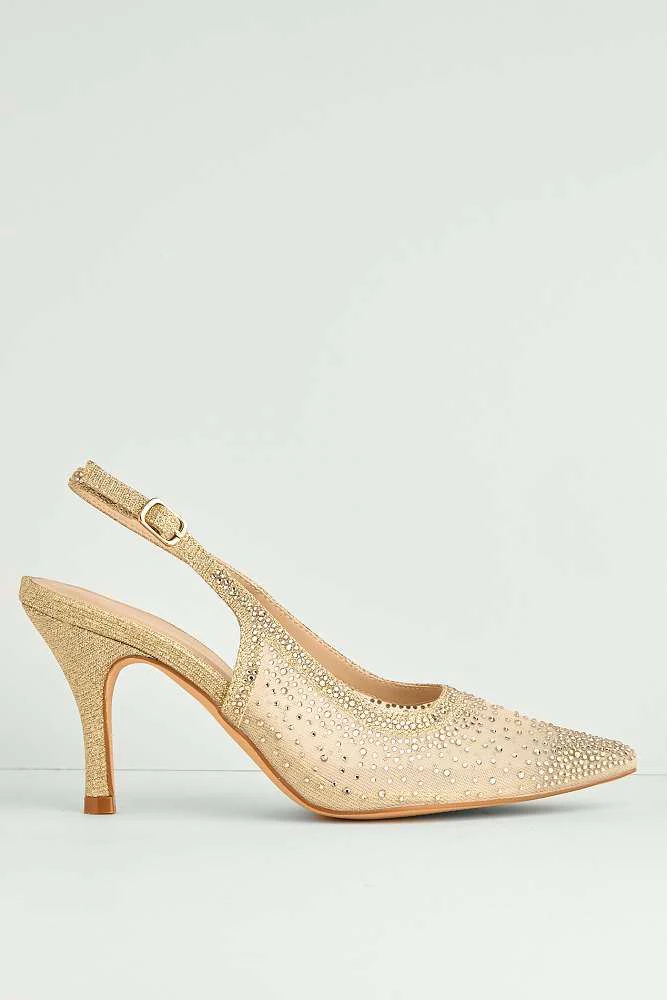Aramina Gemstone Embellished Mesh Slingback Court Shoes in Gold - Image 6