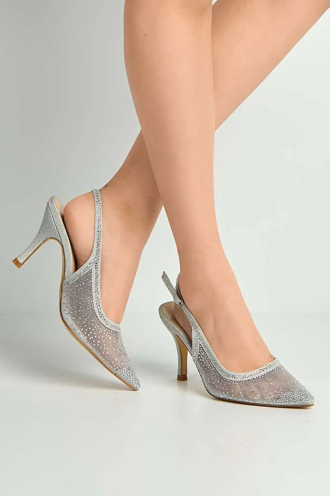 Aramina Gemstone Embellished Mesh Slingback Court Shoes in Silver - Image 2