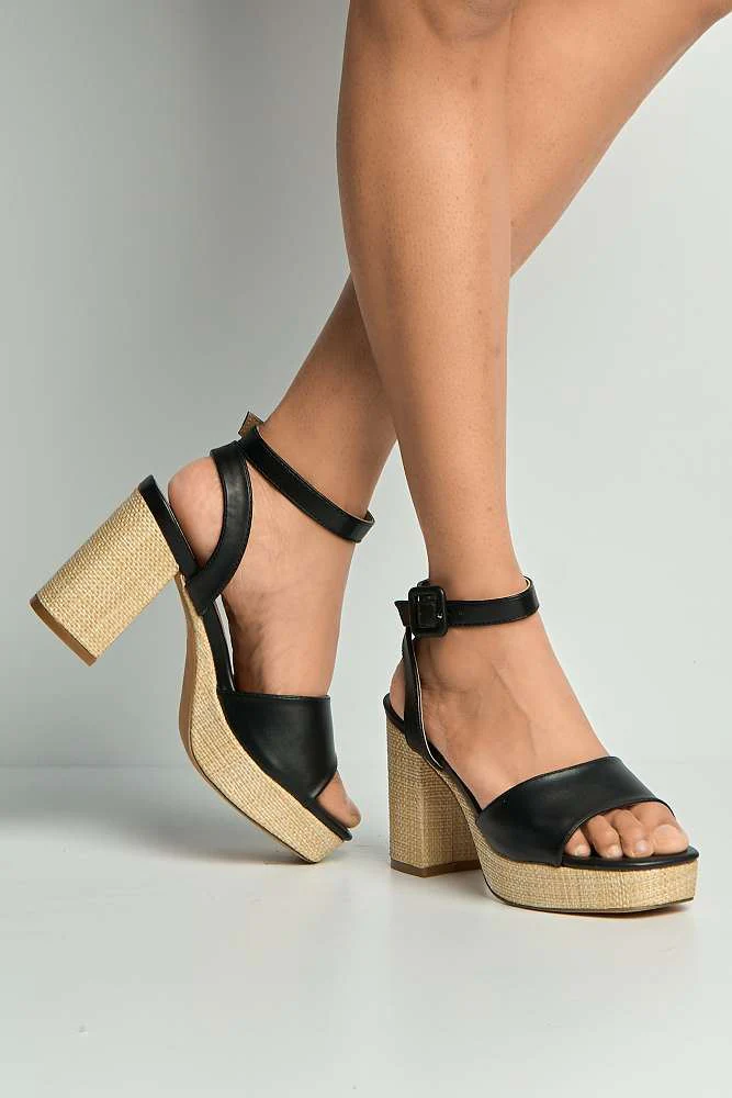 Areli Plain Band Anklestrap Block Heel Platform Heeled Sandals in Black - Image 2