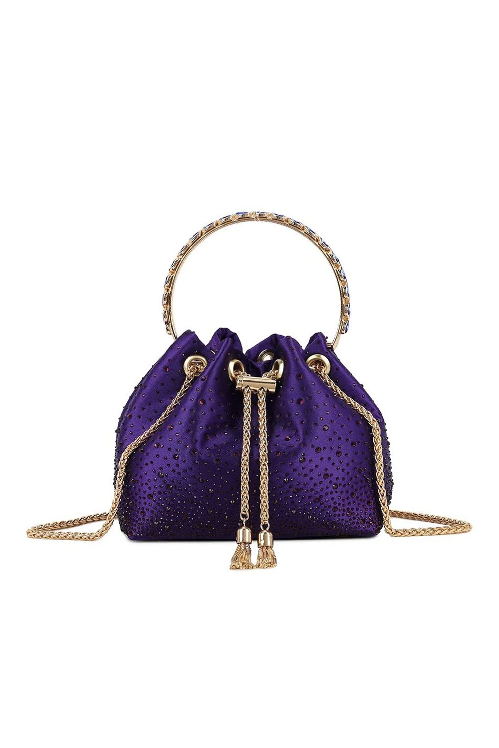 Areli Scattered Diamante Pouch Handle Bag in Purple