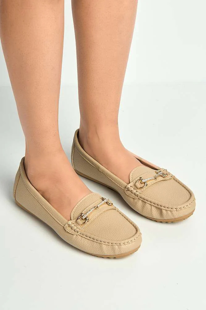 Arietty Diamante Horsebit Detail Slip On Loafers in Beige