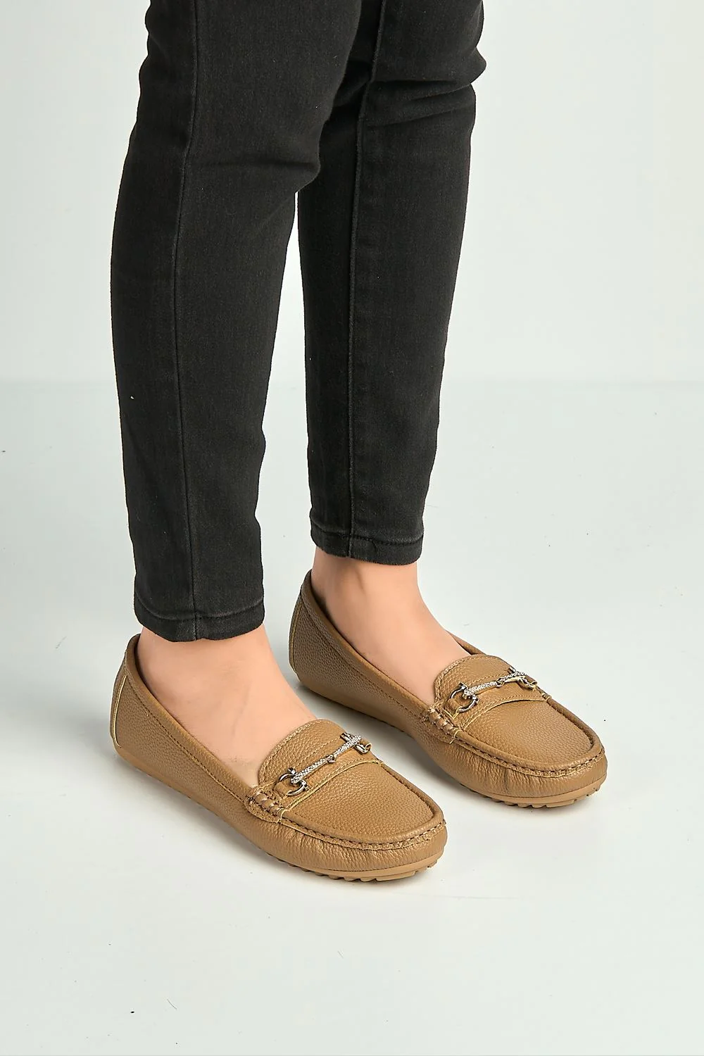 Arietty Diamante Horsebit Detail Slip On Loafers in Camel