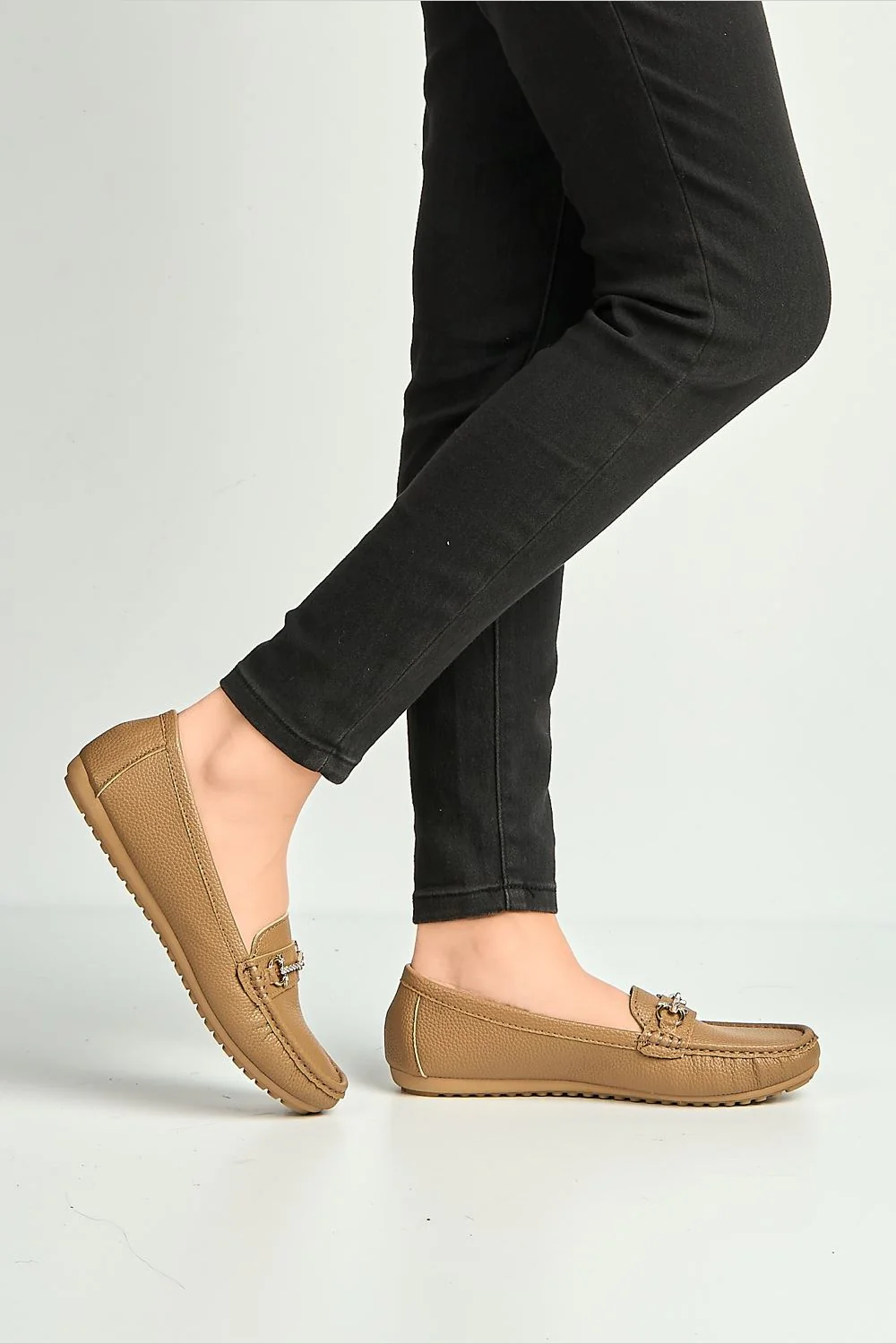Arietty Diamante Horsebit Detail Slip On Loafers in Camel - Image 2