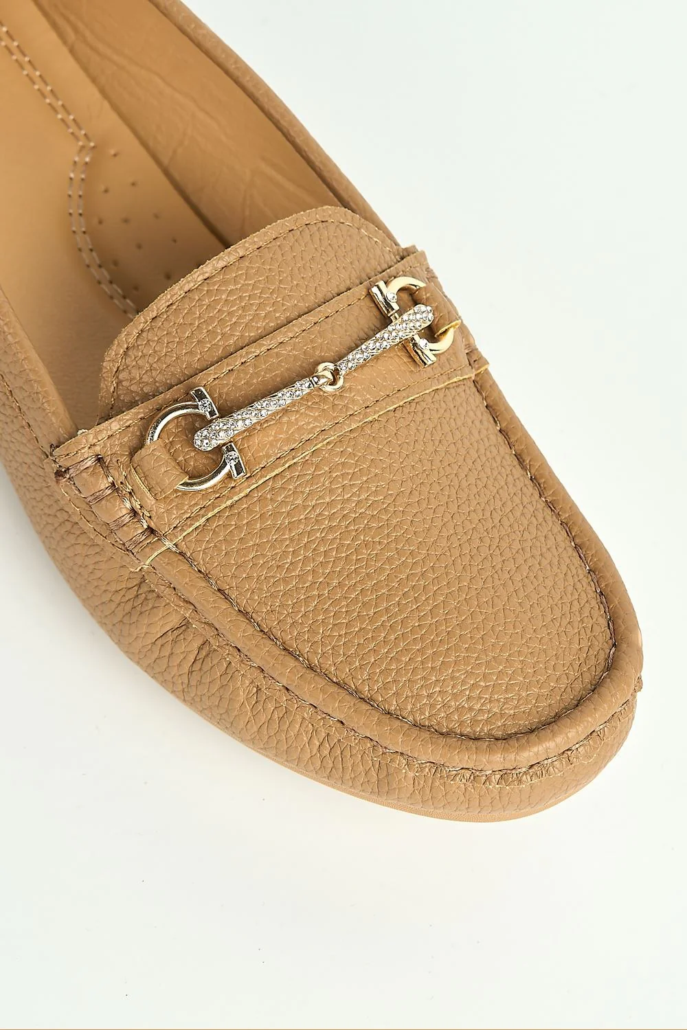 Arietty Diamante Horsebit Detail Slip On Loafers in Camel - Image 6