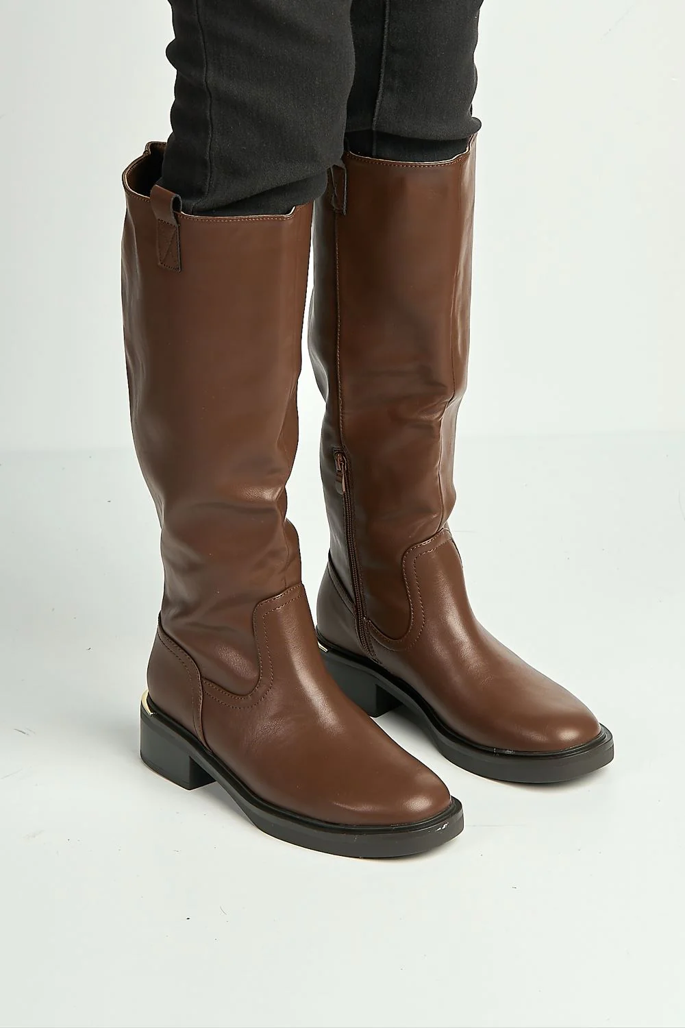 Asasia Round Toe Knee High Boots in Chocolate - Image 2