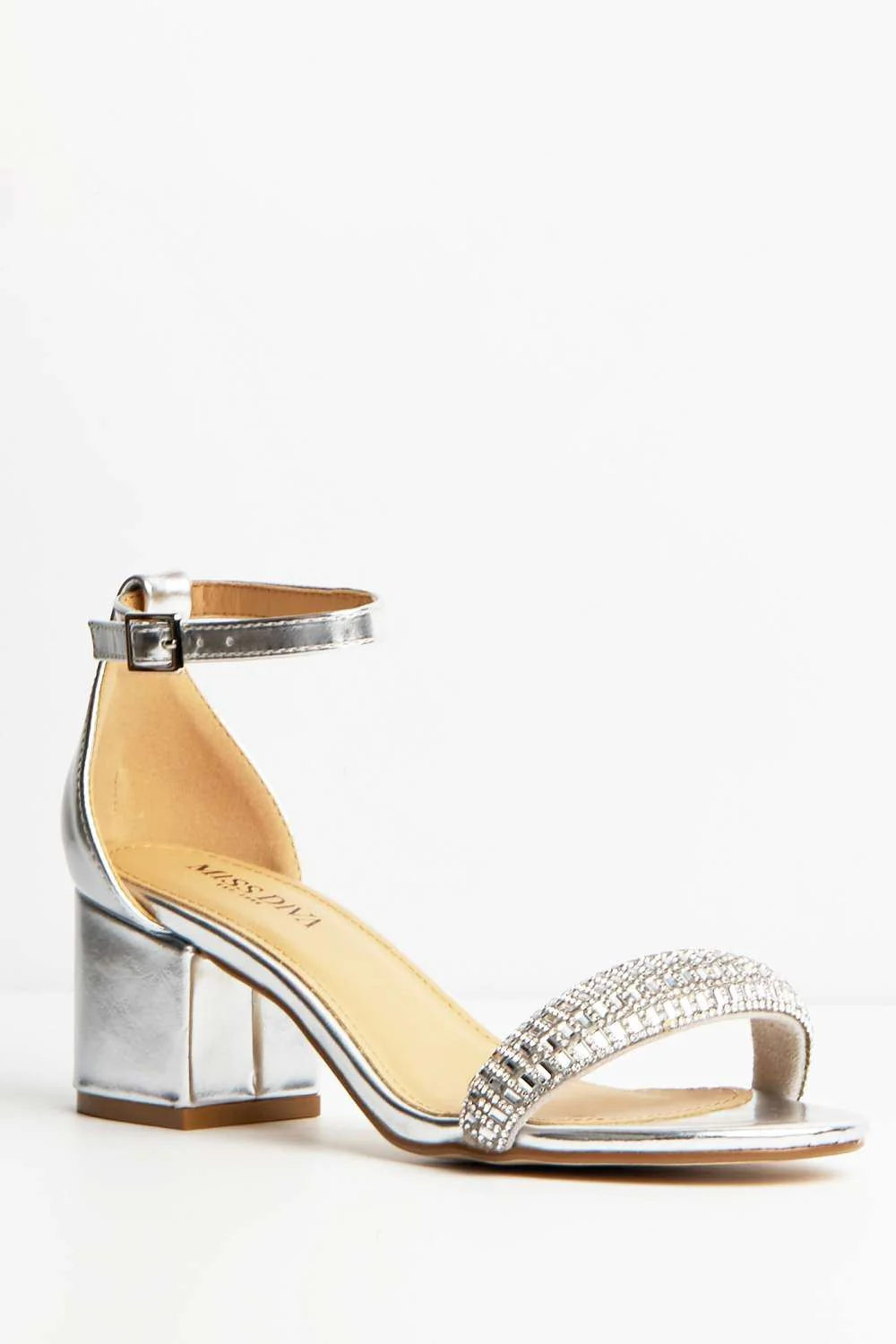 Ashley Low Block Heel Diamante Sandals in Silver - Image 4