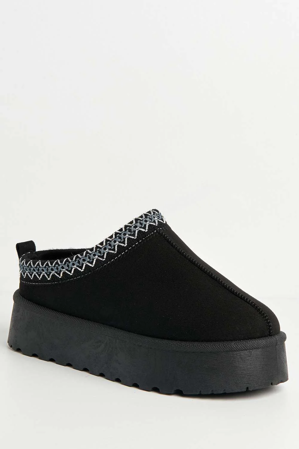 Astri Faux Fur Lining Knit Pattern Detail Flatform Slippers in Black / Blue - Image 4