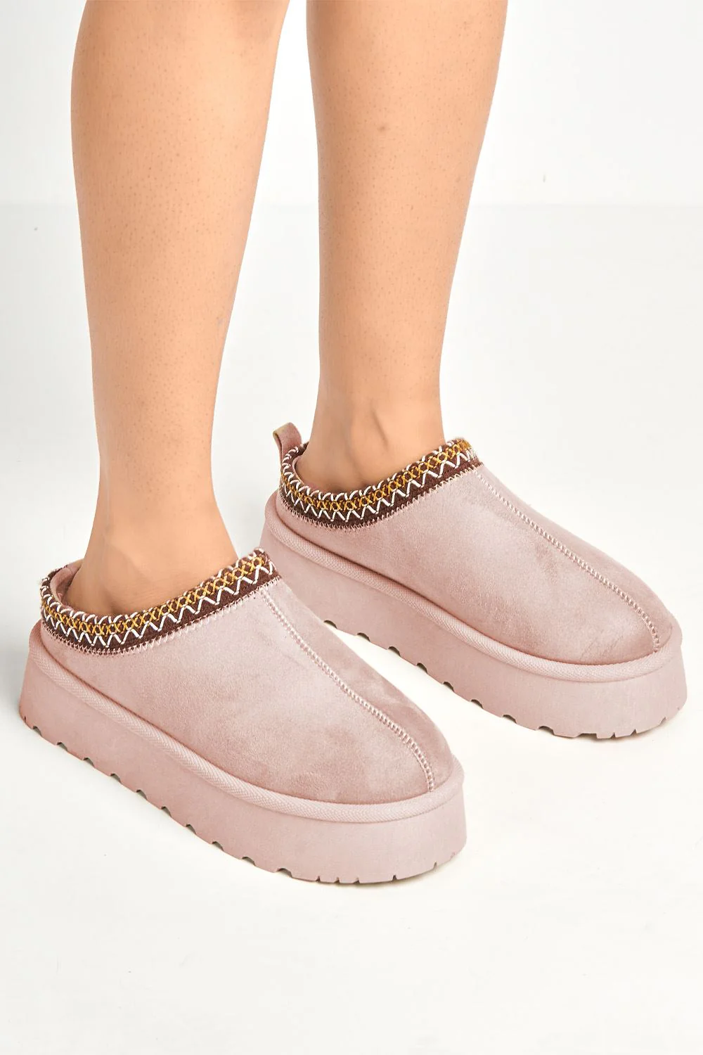 Astri Faux Fur Lining Knit Pattern Detail Flatform Slippers in Blush - Image 2