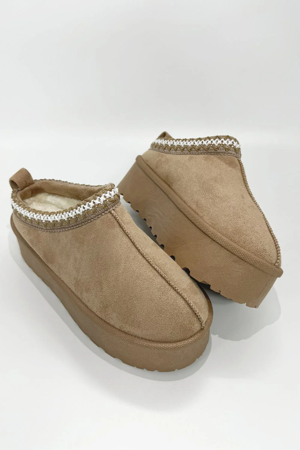 Astri Faux Fur Lining Knit Pattern Detail Flatform Slippers in Sand - Image 2