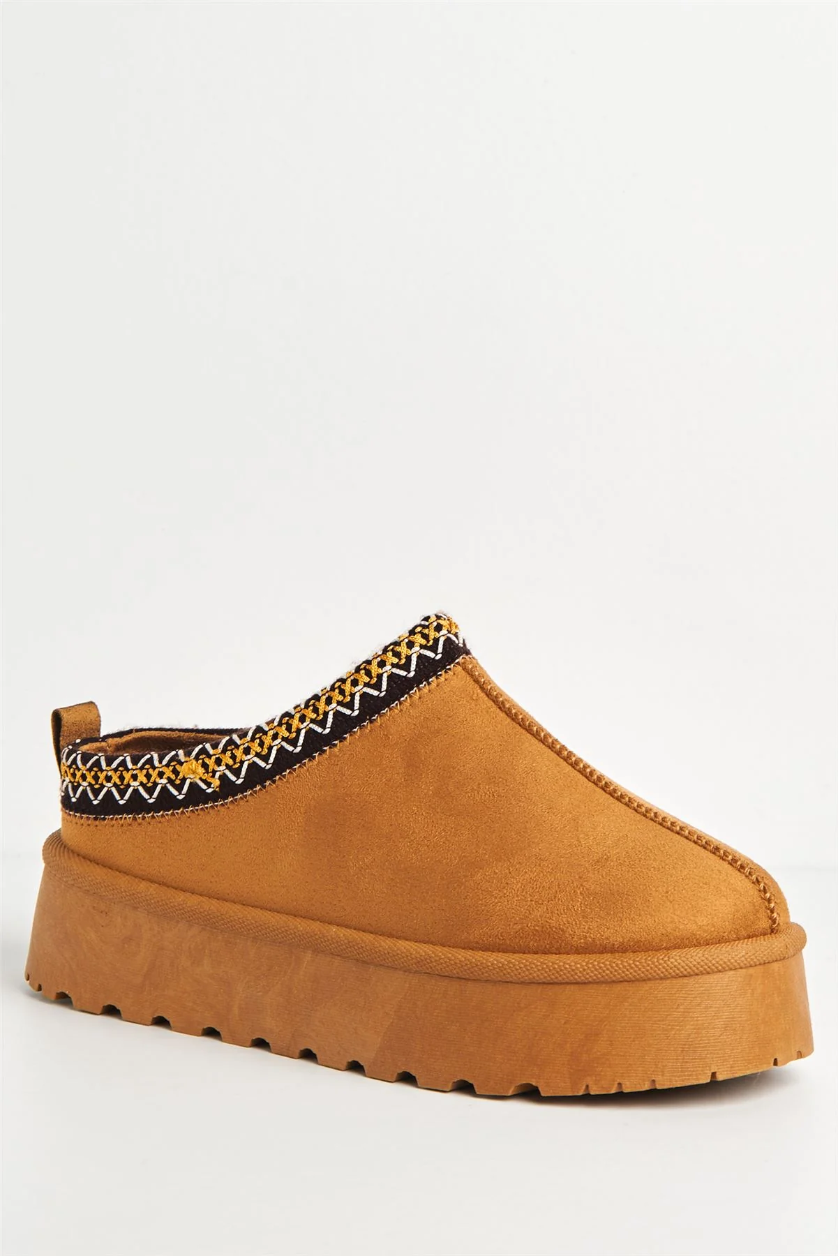 Astri Faux Fur Lining Knit Pattern Detail Flatform Slippers in Tan - Image 4