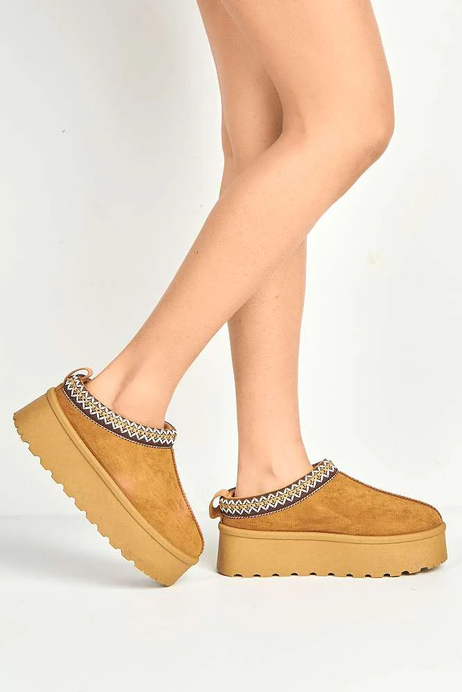 Astria Faux Fur Lining Knit Pattern Detail Flatform Slippers in Camel - Image 3